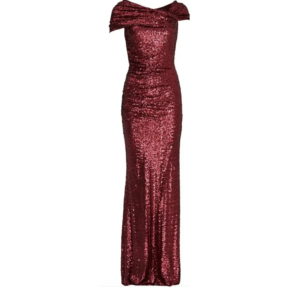 Badgley Mischka Bordeaux Red Sequin Gown Size 22 Off Shoulder Formal Luxury $695 - Picture 10 of 14